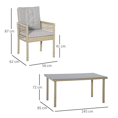 Outsunny Conjunto de Muebles de Comedor para Jardín 7 Piezas 1 Mesa de Vidrio y 6 Sillas de Ratán con Respaldo Transpirable y Cojines Acolchados para Terraza Exterior Gris y Natural