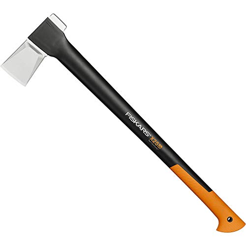 Fiskars Hacha 2,4 kg, Con estuche de almacenamiento y transporte, Longitud: 77 cm, Capa antiadherente, Cuchilla de acero/Mango de fibra de vidrio, Negro/Naranja, X25–XL, 1015643