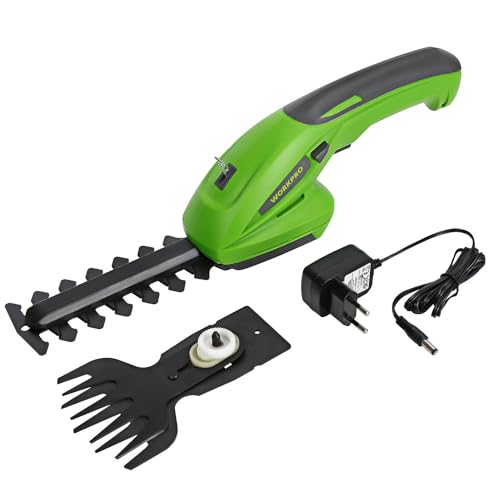 WORKPRO Tijera Cortacésped y Arreglasetos 2 en 1, Cortacetos Electrico 7,2V con 2 Cuchillas, Tijeras Arreglaseto Ancho de Corte 65 mm, 100mm, Herramienta para Jardín, Verde, Gris