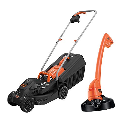 BLACK+DECKER BEMW351GL2 Cortacésped eléctrico (1000 W 32 cm de ancho de corte ajuste de altura de corte triaxial depósito de 35 l incluye desbrozadora de 200 W)