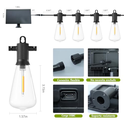 ZOTOYI Guirnaldas Luces Exterior Solar 15 Metros, ST38 Guirnaldas Luminosas de Exterior Solar con 24+2 LED Bombillas, 4 Modos Luz, IP65 Impermeable luces exterior solares para Jardín Fiesta Boda