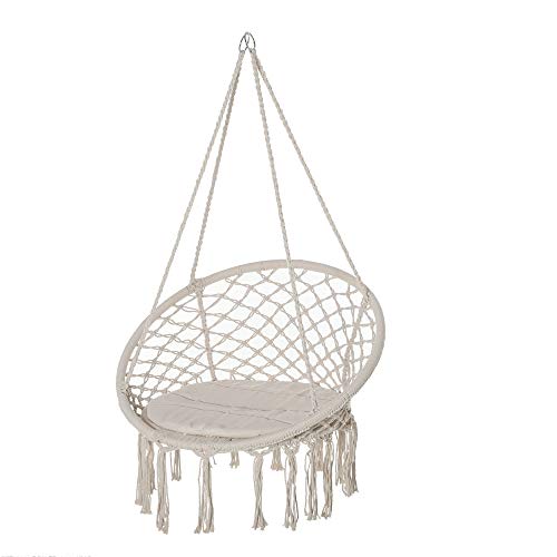 Outsunny Silla Colgante Redondo de Ø60 cm Silla Hamaca Columpio con Cojín y Cuerda de Algodón para Interior y Exterior 80x80x42 cm Beige