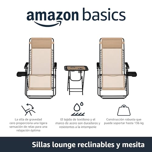 Amazon Basics sillas con gravedad cero y mesa auxiliar, para Oficina, Plegable, Soporte de cabeza, Reclinable, Acero aleado, Paquete de 2, Beige