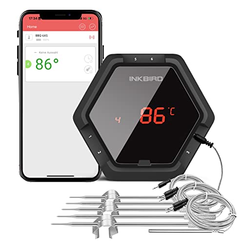 Inkbird IBT-6XS Termómetro Carne, Recargable Termometro Cocina, Termómetro Bluetooth con 6 Sondas,con Batería de Litio de 1000 mAh y Pantalla Giratoria de 180 Grados