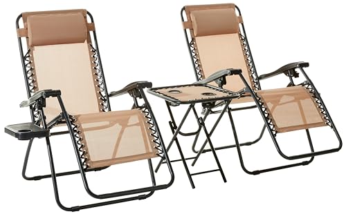 Amazon Basics sillas con gravedad cero y mesa auxiliar, para Oficina, Plegable, Soporte de cabeza, Reclinable, Acero aleado, Paquete de 2, Beige