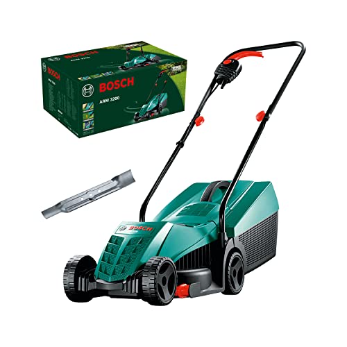 Bosch Home and Garden cortacésped eléctrico ARM 3200 (1200 W, ancho de corte: 32 cm, incluye cuchilla adicional, en caja), Color Verde, Amazon Edition