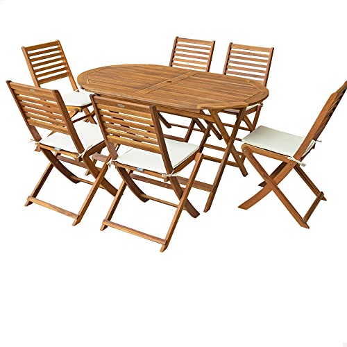 AKTIVE 61002 - Conjunto mesa y sillas de madera para jardín y terraza, incluye mesa plegable 150 x 89 x 74 cm y 6 sillas de madera con cojín