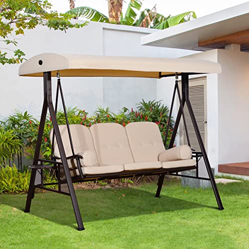 Outsunny Columpio Balancín de Jardín de 3 Plazas con Techo Parasol 2 Cojines Bandeja para Bebidas y Marco de Metal para Terraza Balcón Exterior Carga MAX. 360 kg 207x120,5x174 cm Beige