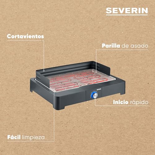 SEVERIN - Barbacoa eléctrica sobremesa, BBQ pequeña con arranque rápido, parrilla de asado eléctrica apta para interior sin humo y odor, 39x52x15 cm, negro, 2200 W, PG 8565