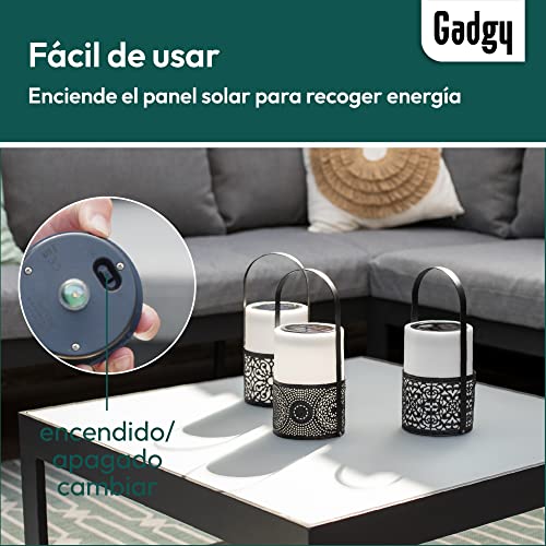 Gadgy Farolillos Para Velas | Juego De 3 Faroles Jardin Exterior | Vela Blanca Con Mango Negro | Farolillo Decorativo Solar | Linterna LED