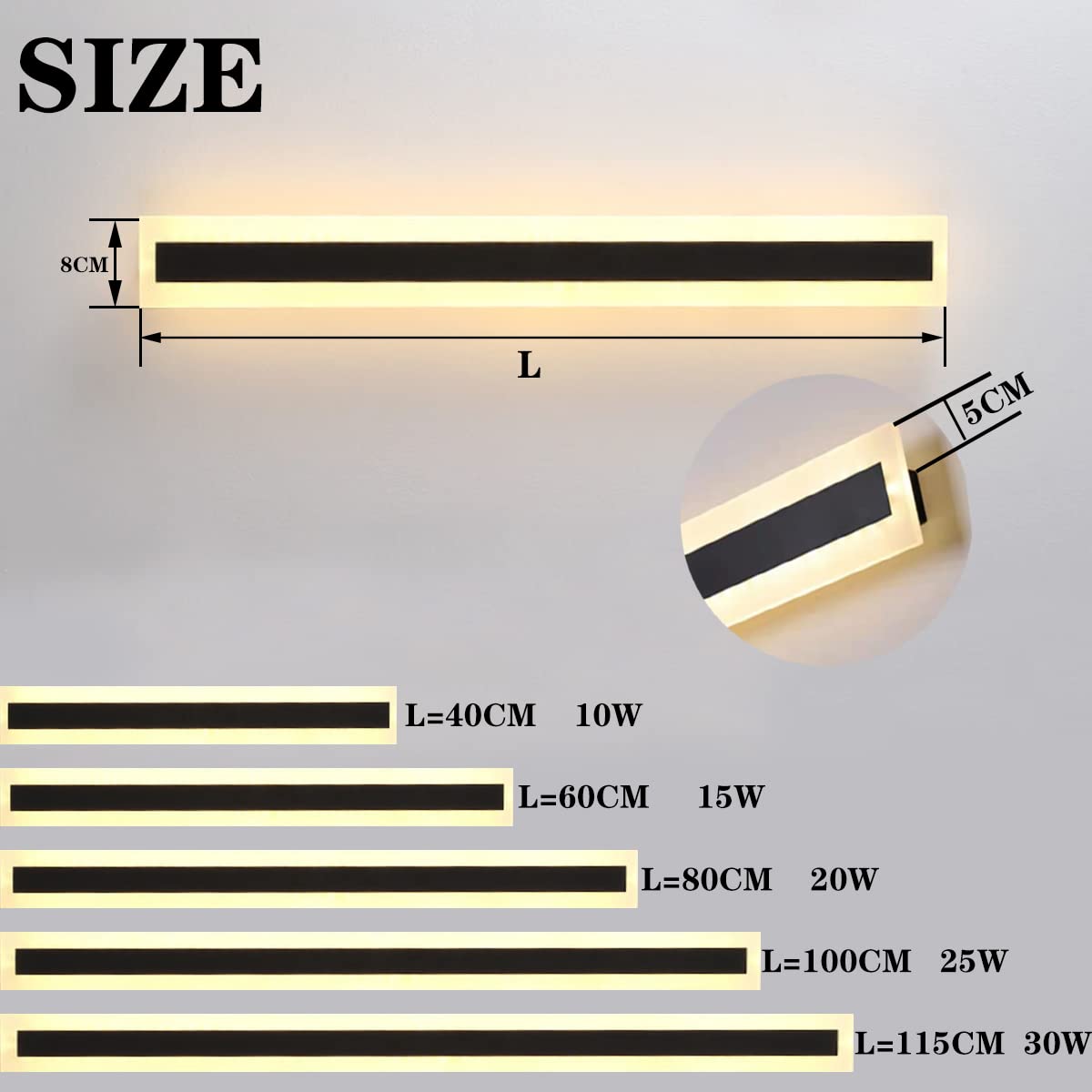 ZTWLEED Aplique Pared Exterior,8W 40CM Aplique Exterior Largo,Aplique de Diseño Impermeables IP65,Blanco Cálido 3000K，AC220V Aplique de Exterior LED Negro