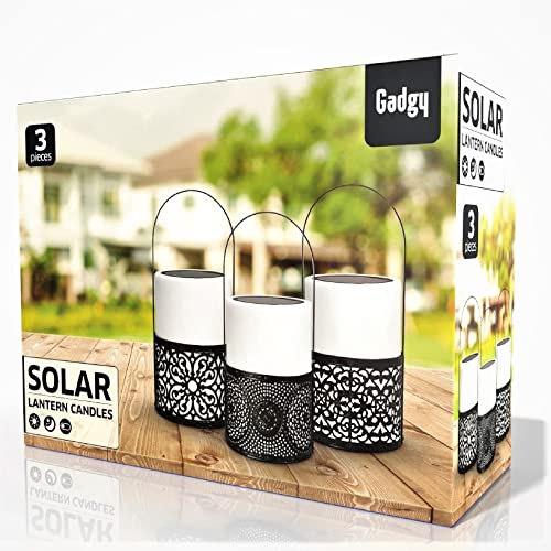 Gadgy Farolillos Para Velas | Juego De 3 Faroles Jardin Exterior | Vela Blanca Con Mango Negro | Farolillo Decorativo Solar | Linterna LED