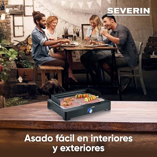 SEVERIN - Barbacoa eléctrica sobremesa, BBQ pequeña con arranque rápido, parrilla de asado eléctrica apta para interior sin humo y odor, 39x52x15 cm, negro, 2200 W, PG 8565