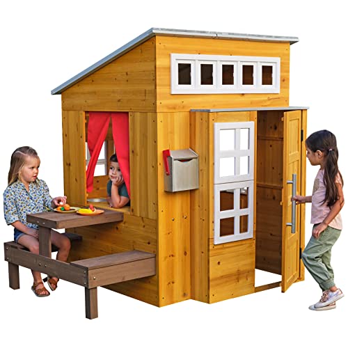 KidKraft Casita Infantil Moderna de Madera con Cocina de Juguete, Mesa y Banco para niños y niñas, casita de Juego para Exterior, jardín o Patio (00182)