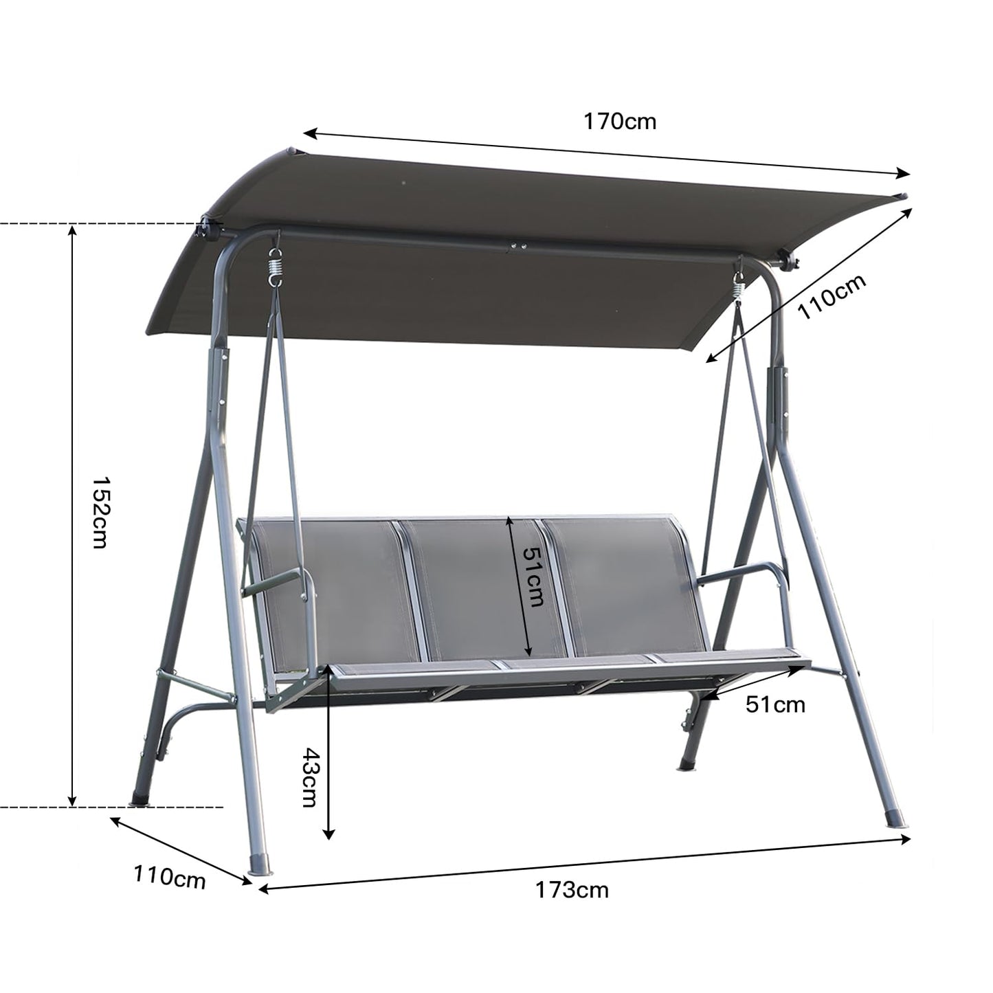 Angel Living - Hamaca Colgante 037, Columpio de Jardín con el Techo de Gris y la Silla de Tesling, 170x110x153cm (3 Plazas, Textileno)