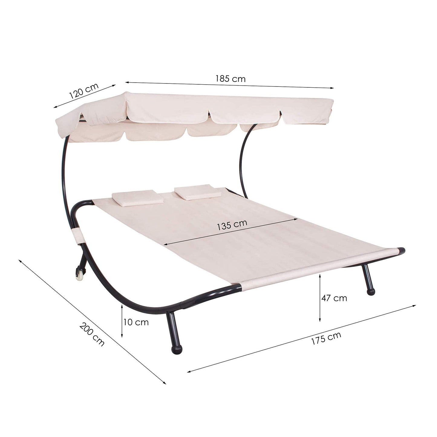 SPRINGOS Tumbona con ruedas con toldo, tumbona doble (largo x ancho x alto): 175 x 200 x 120 cm, incluye 2 reposacabezas, carga máxima: 240 kg (crema)