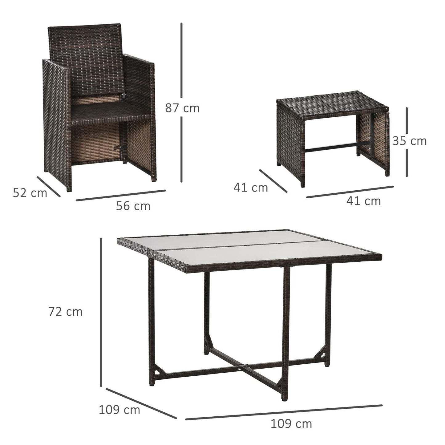 Outsunny Conjunto de Muebles de Jardín Comedor 9 Piezas de Ratán Apilables con Cojines para Terraza 1 Mesa 4 Sillas y 4 Taburetes de Exterior Elegante Marrón