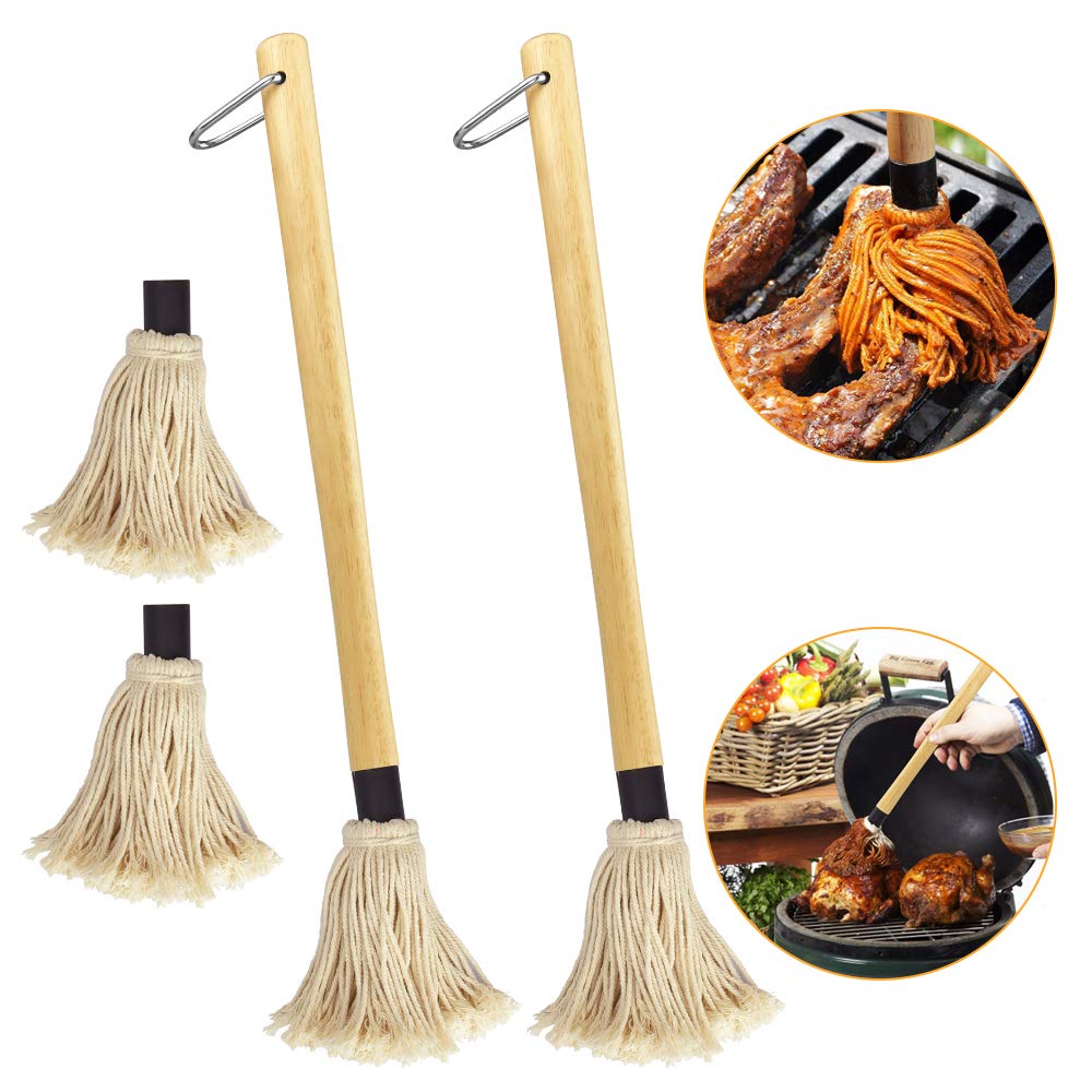 PERFETSELL 2 Pcs Fregona para Barbacoa Brocha Barbacoa Pincel para Barbacoa Cepillo para Barbacoa con Mango Madera Largo 2 Cabezales De Repuesto Barbacoa para Esparcir Mantequilla y Hornear