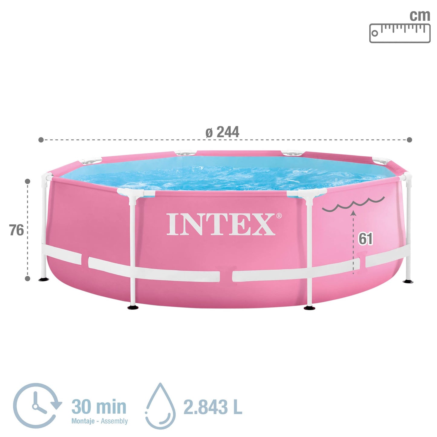 Intex 55257 - Piscina Desmontable Redonda Metal Frame Familiar Color Rosa, Medidas Ø244x76 cm, Capacidad 2,843 litros, Material Resistente Triple Capa, Tubular, Infantil