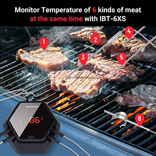 Inkbird IBT-6XS Termómetro Carne, Recargable Termometro Cocina, Termómetro Bluetooth con 6 Sondas,con Batería de Litio de 1000 mAh y Pantalla Giratoria de 180 Grados