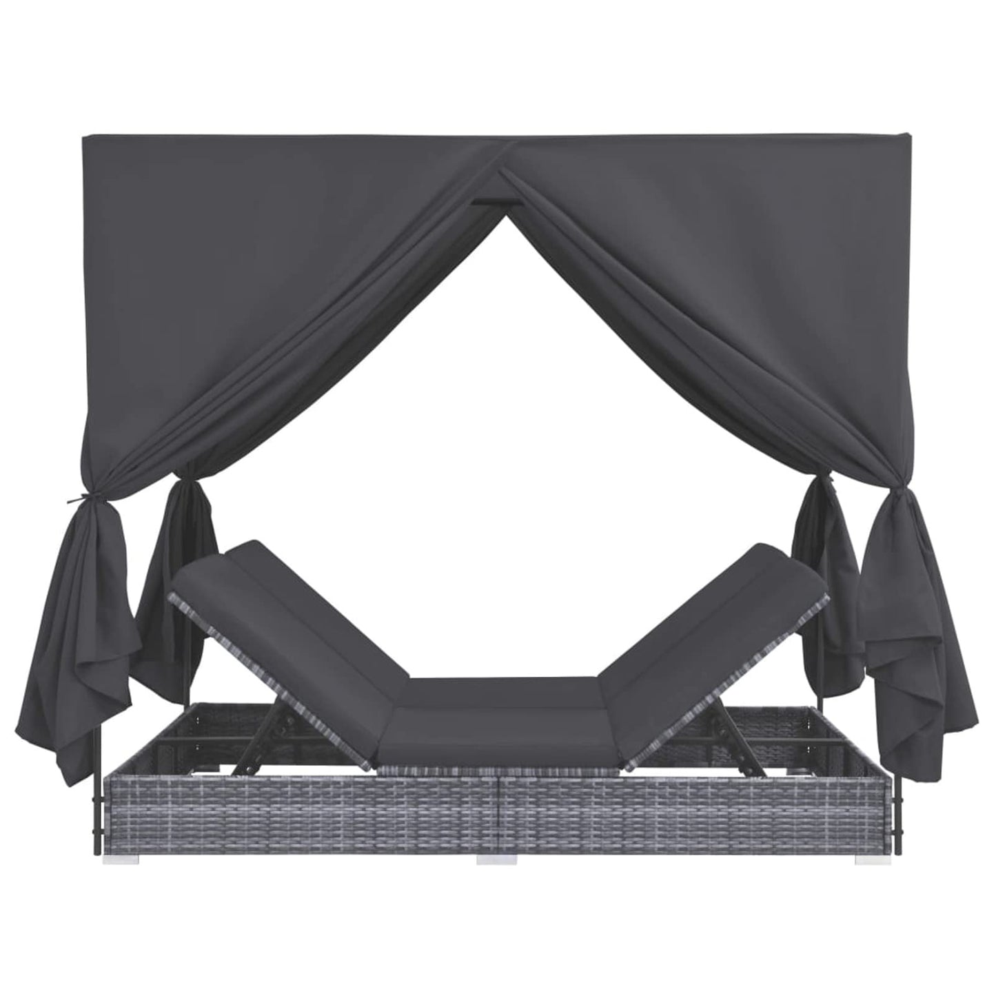 Festnight Tumbona Cama para 2 Personas con Cortinas, Tumbona Doble Ratán, 7 Posiciones Ajustables, Tumbona Chaise Longue con Cojíns, Tumbona Jardín Exterior Piscina Terraza (Gris)