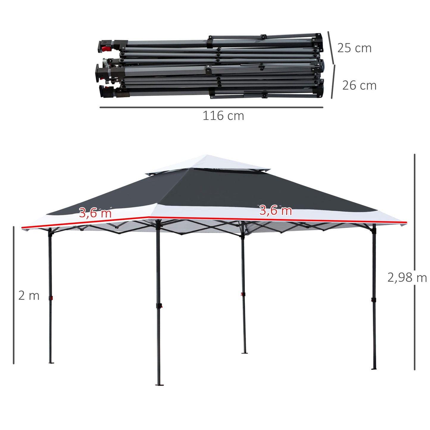 Outsunny Carpa de Fiesta Plegable 3,6x3,6 m Altura Ajustable en 3 Posiciones con Doble Techo y Bolsa de Transporte con Ruedas Marco de Acero Impermeable Gazebo para Jardín Exterior Gris y Blanco