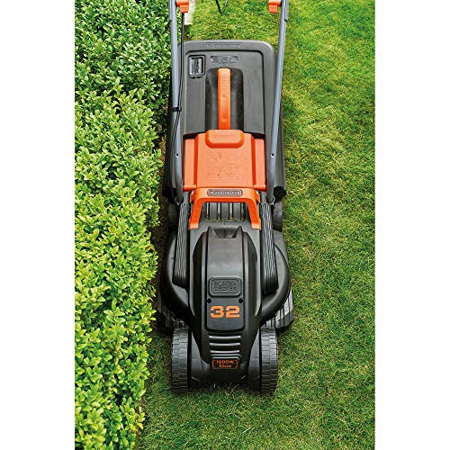 BLACK+DECKER BEMW351GL2 Cortacésped eléctrico (1000 W 32 cm de ancho de corte ajuste de altura de corte triaxial depósito de 35 l incluye desbrozadora de 200 W)