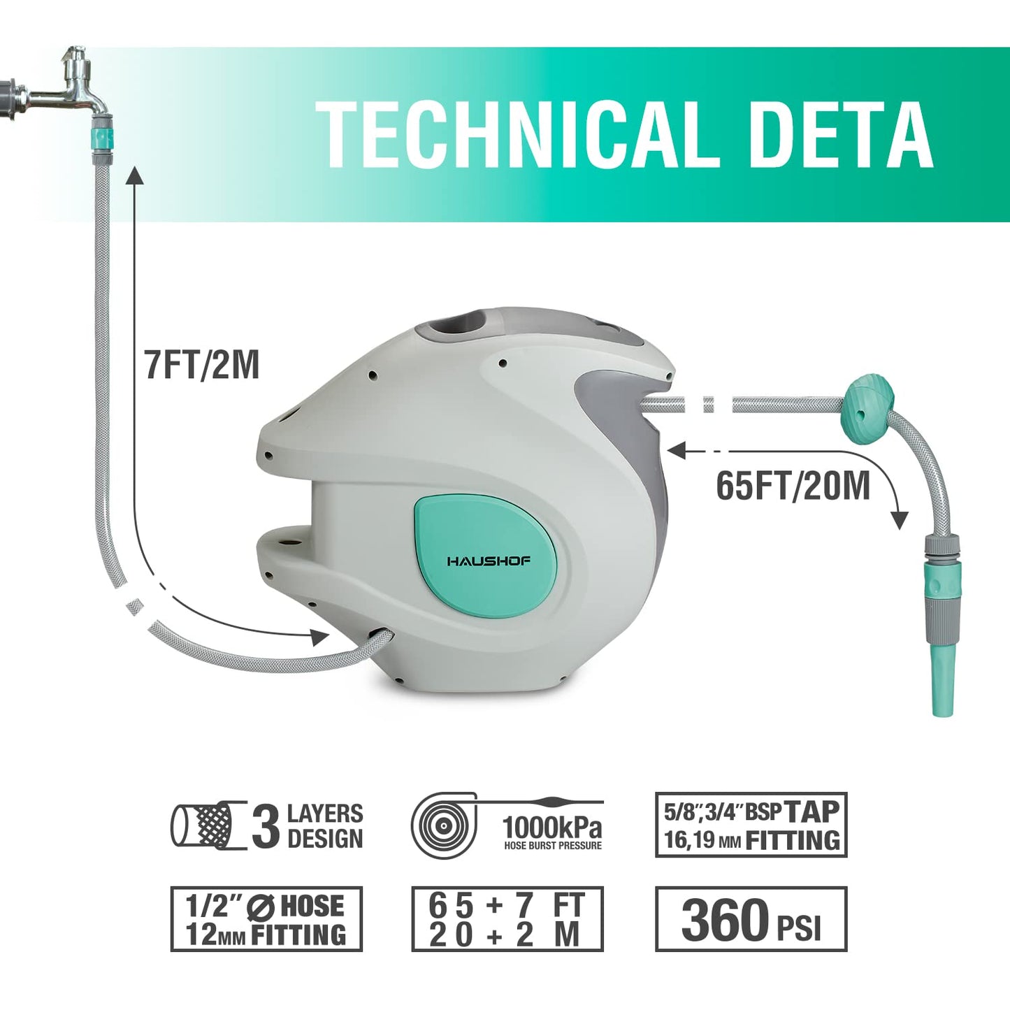 HAUSHOF Carrete para Manguera Profesional 20M+2M, Manguera Jardin Extensible con 9 Modos de Pulverización, con Retracción Automática, Enrollador Automático con Base de Pared 180° Giratorio