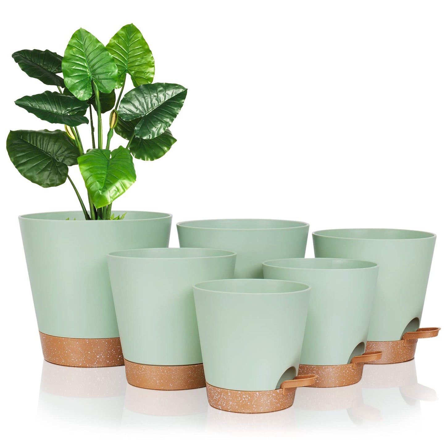 Warmplus Macetas de Riego Automático para Interior, 20/17.5/16.5/15/14/12.5cm Macetas de Plástico con Agujeros de Drenaje Plato y Depósito, Macetas de Interior para Todas Las Plantas de Casa, Verde