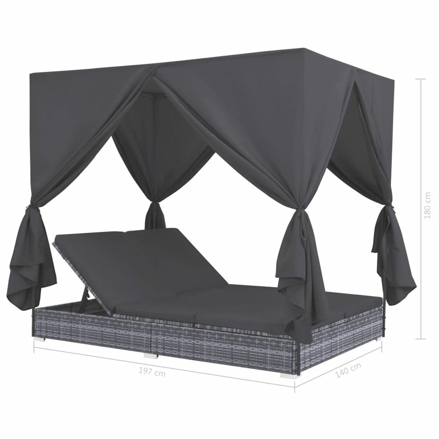 Festnight Tumbona Cama para 2 Personas con Cortinas, Tumbona Doble Ratán, 7 Posiciones Ajustables, Tumbona Chaise Longue con Cojíns, Tumbona Jardín Exterior Piscina Terraza (Gris)