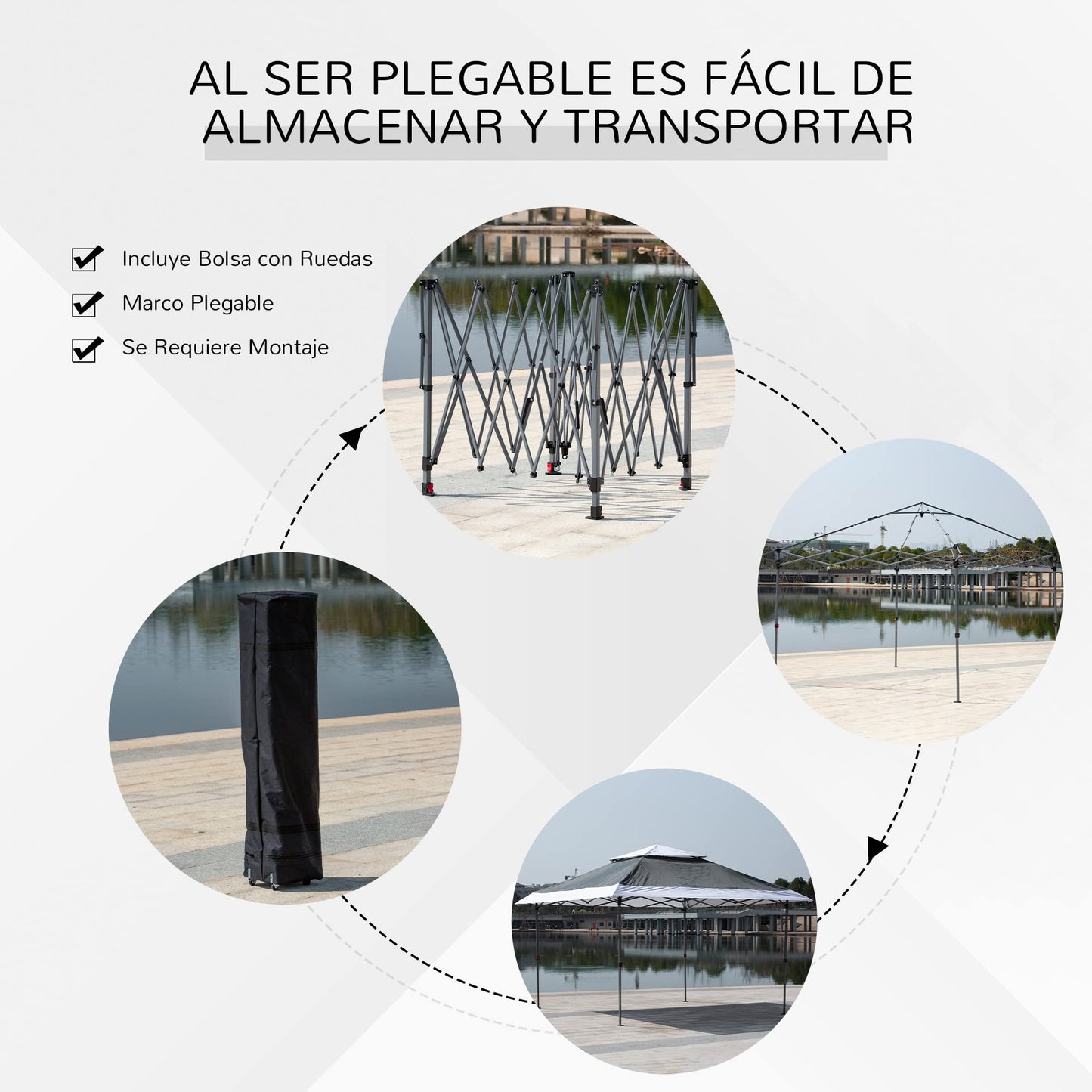 Outsunny Carpa de Fiesta Plegable 3,6x3,6 m Altura Ajustable en 3 Posiciones con Doble Techo y Bolsa de Transporte con Ruedas Marco de Acero Impermeable Gazebo para Jardín Exterior Gris y Blanco