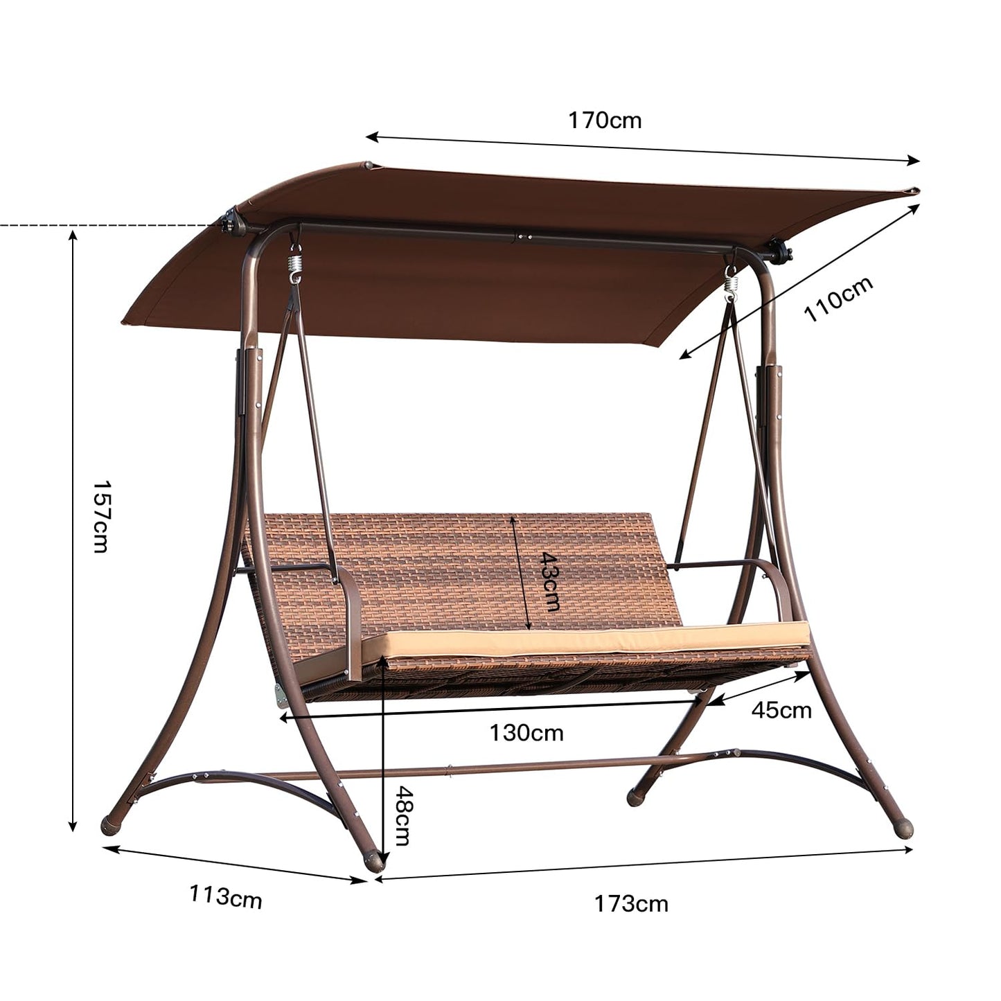 Angel Living Columpio de jardín 159T, Balancín con el Techo de Marrón y la Silla de Ratán Tejido, 170x110x153cm (3 Plazas)