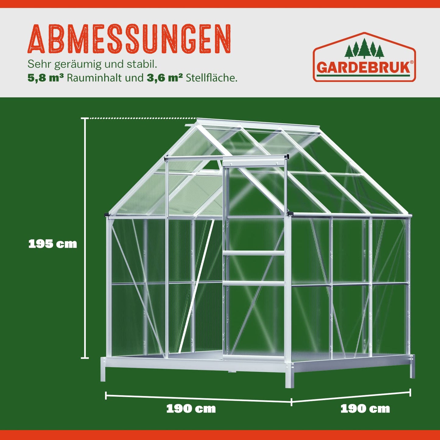 Gardebruk Invernadero de Aluminio 3,6m² Cobertizo de Jardín con Base Plantas 5,8m³ 190x190cm Vivero Huerto