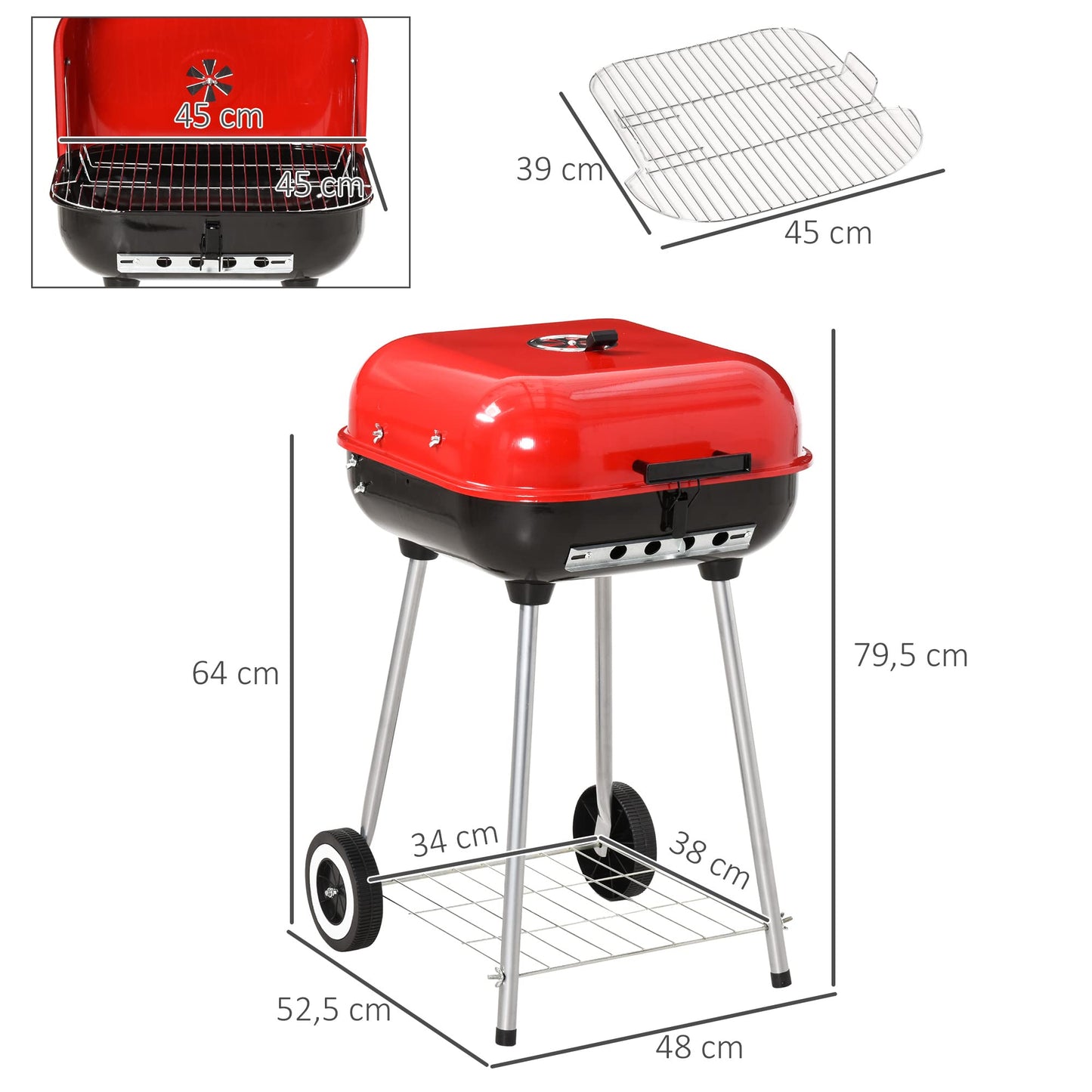 Outsunny Barbacoa de Carbón Picnic con Ruedas y Estante Parilla de Carbón Vegetal BBQ Jardín Exterior Ahumador Parilla Acampada 48x52,5x79,5 cm