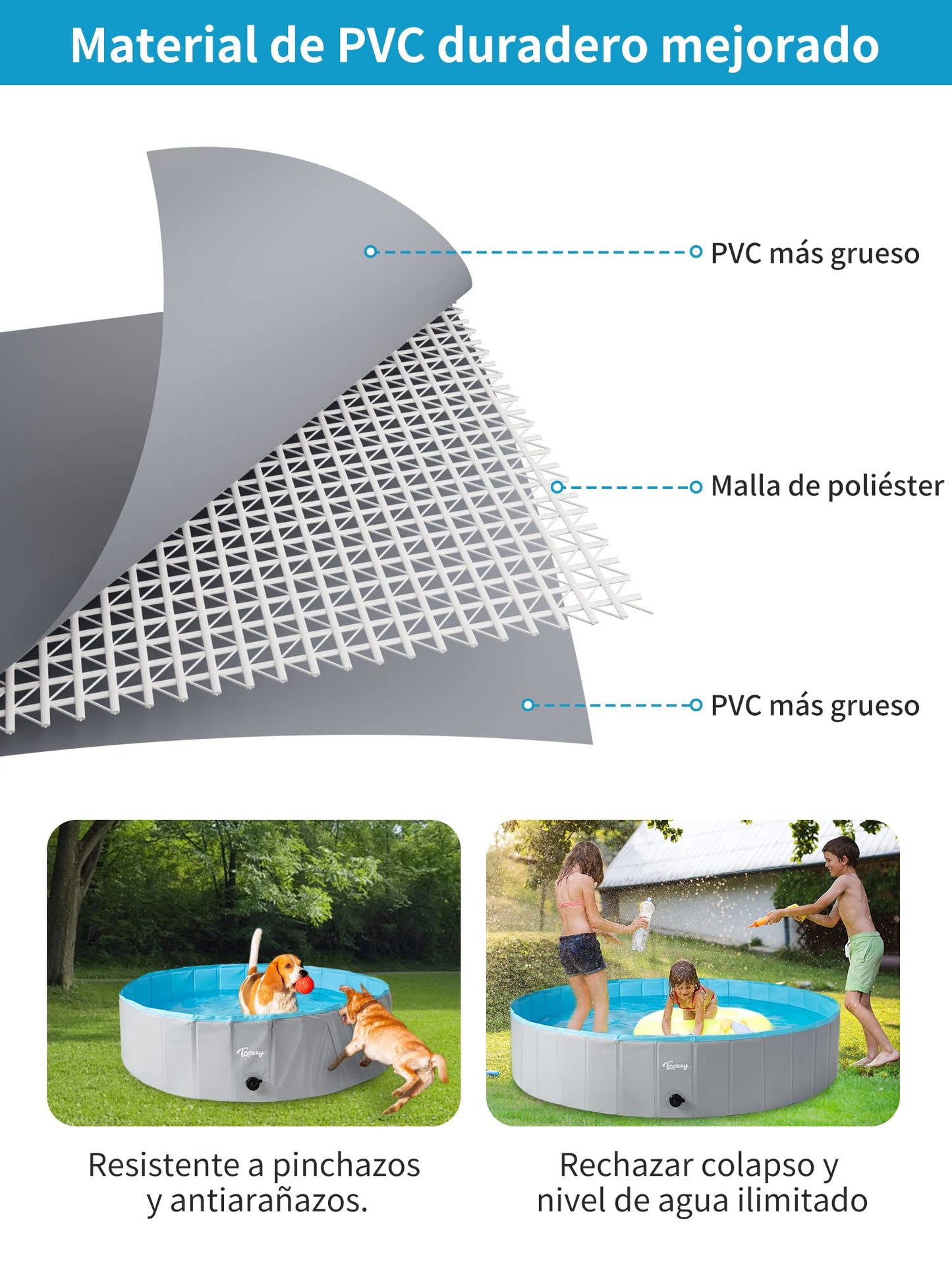 Toozey Piscina para Perros Grandes y Pequeños, 80cm / 120cm / 160cm Piscinas para Perros Plegable, Antideslizante, Piscina para Perros 100% Seguro y No Tóxico