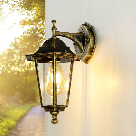 Licht-Erlebnisse Lámpara de pared exterior de vidrio y aluminio en oro antiguo, IP44, para casa y balcón, 36 cm de altura, E27, farol antiguo rústico, PARIS