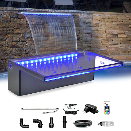 LONGRUN Aliviadero de Cascada Fuente de Piscina al Aire Libre con luz LED Multicolor, Kit de Fuentes de cascadas de Estanque Koi de aliviadero de Agua acrílica-30 cm x 20 cm x 10 cm