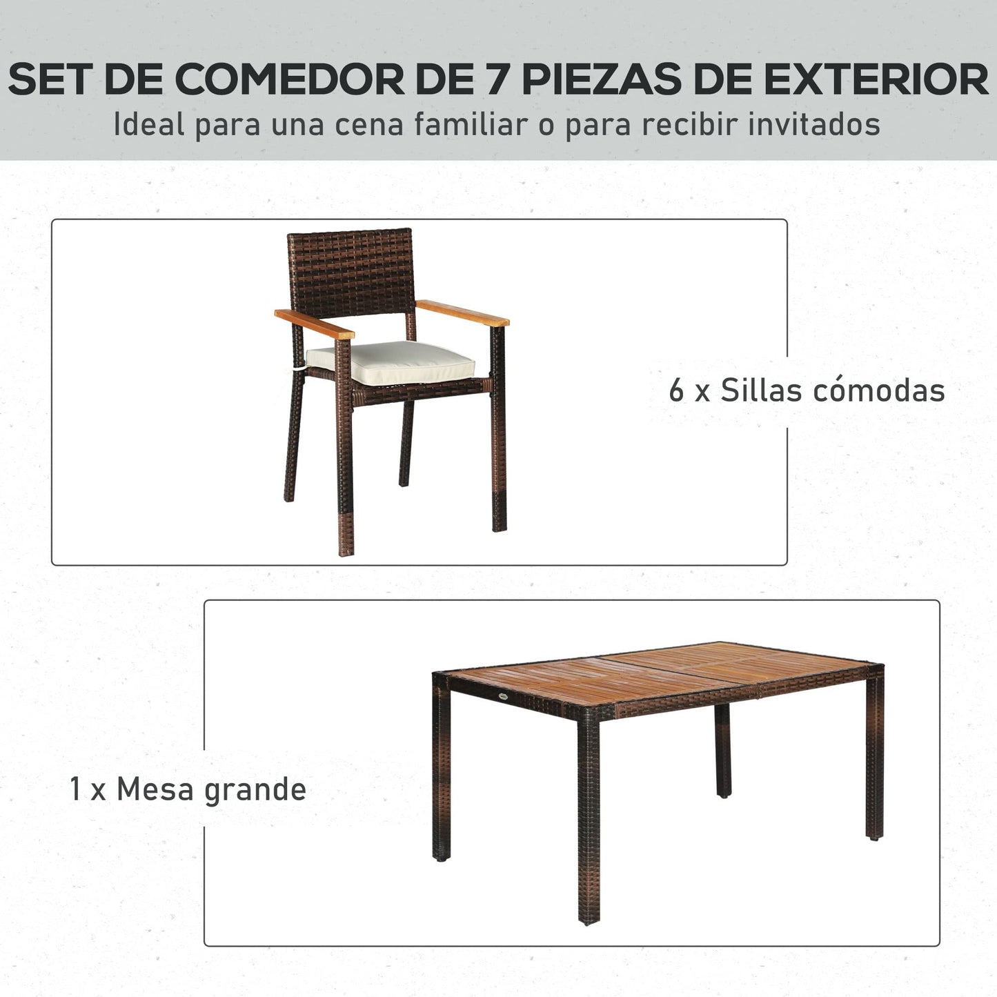 Outsunny Conjunto Muebles de Ratán Sintético para Jardín 7 Piezas Juego de Comedor de Mimbre para Exteriores con 6 Sillas con Cojines y Mesa 150x90x74 cm y 50x55x88 cm Marrón