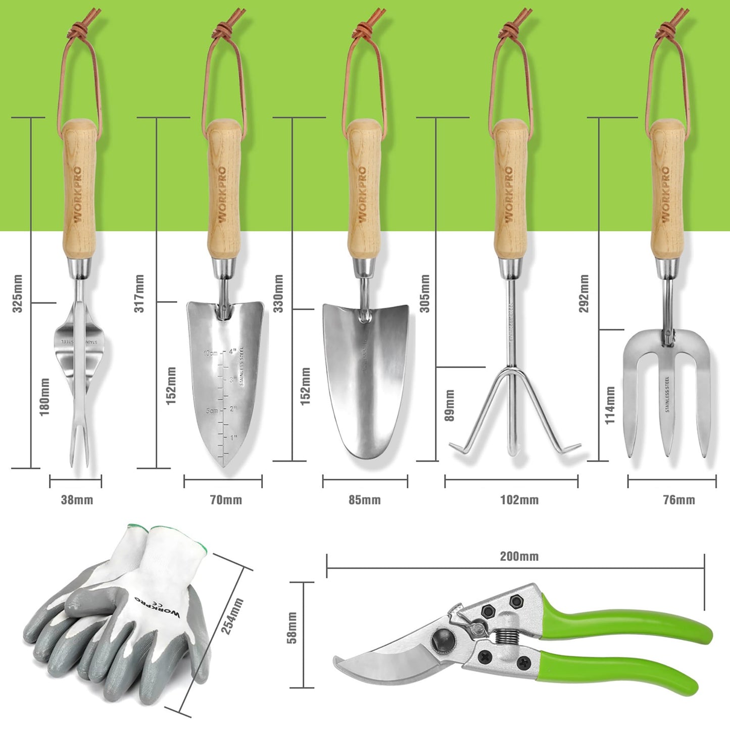 WORKPRO Juego de Herramientas para Jardín 8PC, Juego de Herramientas Jardinería de Acero Inoxidable, con Mango de Madera, Bolsa de Jardín