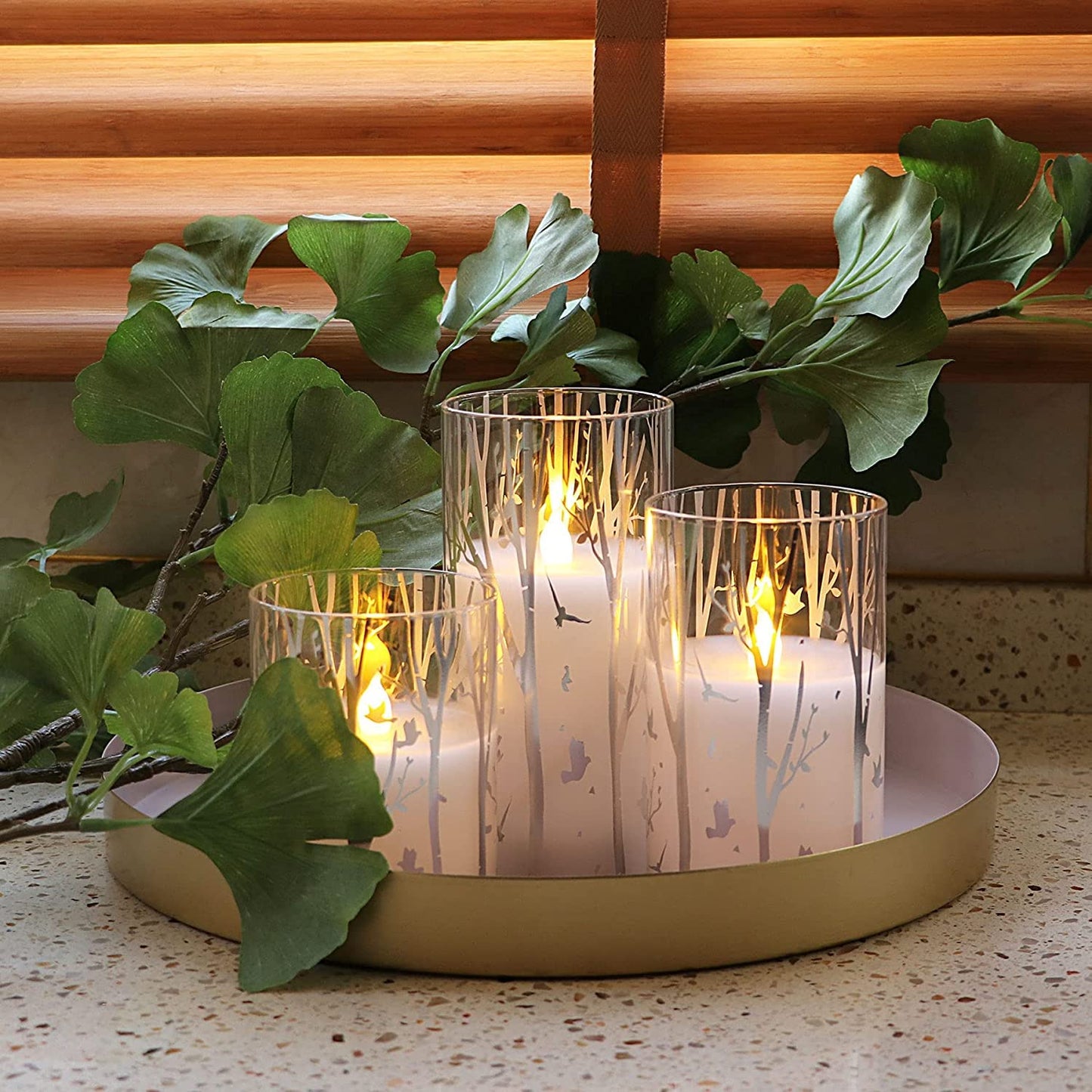 Rhytsing 3 Velas blancas led de Cristal con Mando para Navidad, Velas a Pilas con Temporizador Decorativas Diseño de Abedul, Altura 10cm / 12,5cm / 15cm (Abedul)