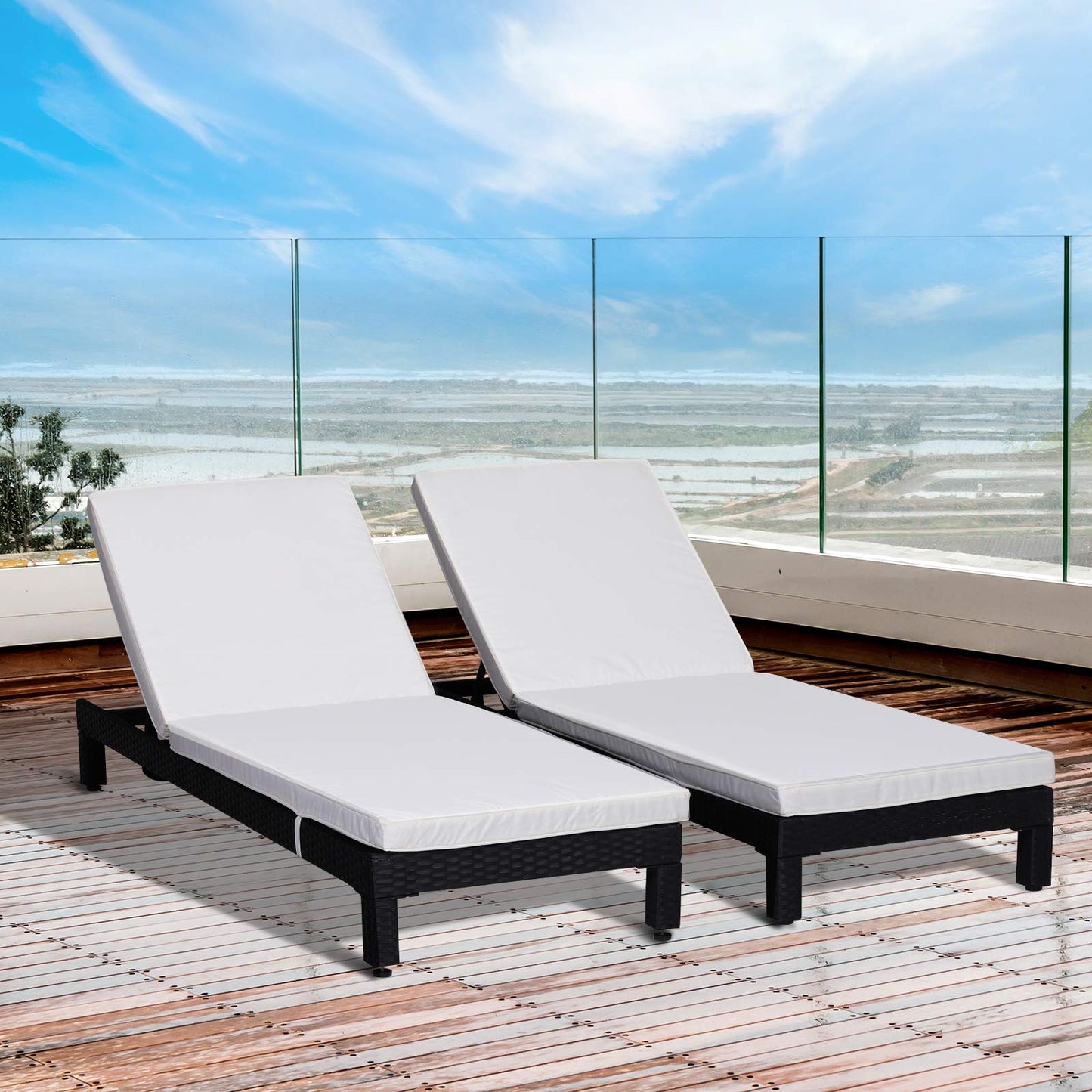 Outsunny Set de 2 Tumbonas de Ratán Chaise Longue con Cojines Acolchados Cubierta Impermeable Silla para Exterior Jardín Patio Terraza