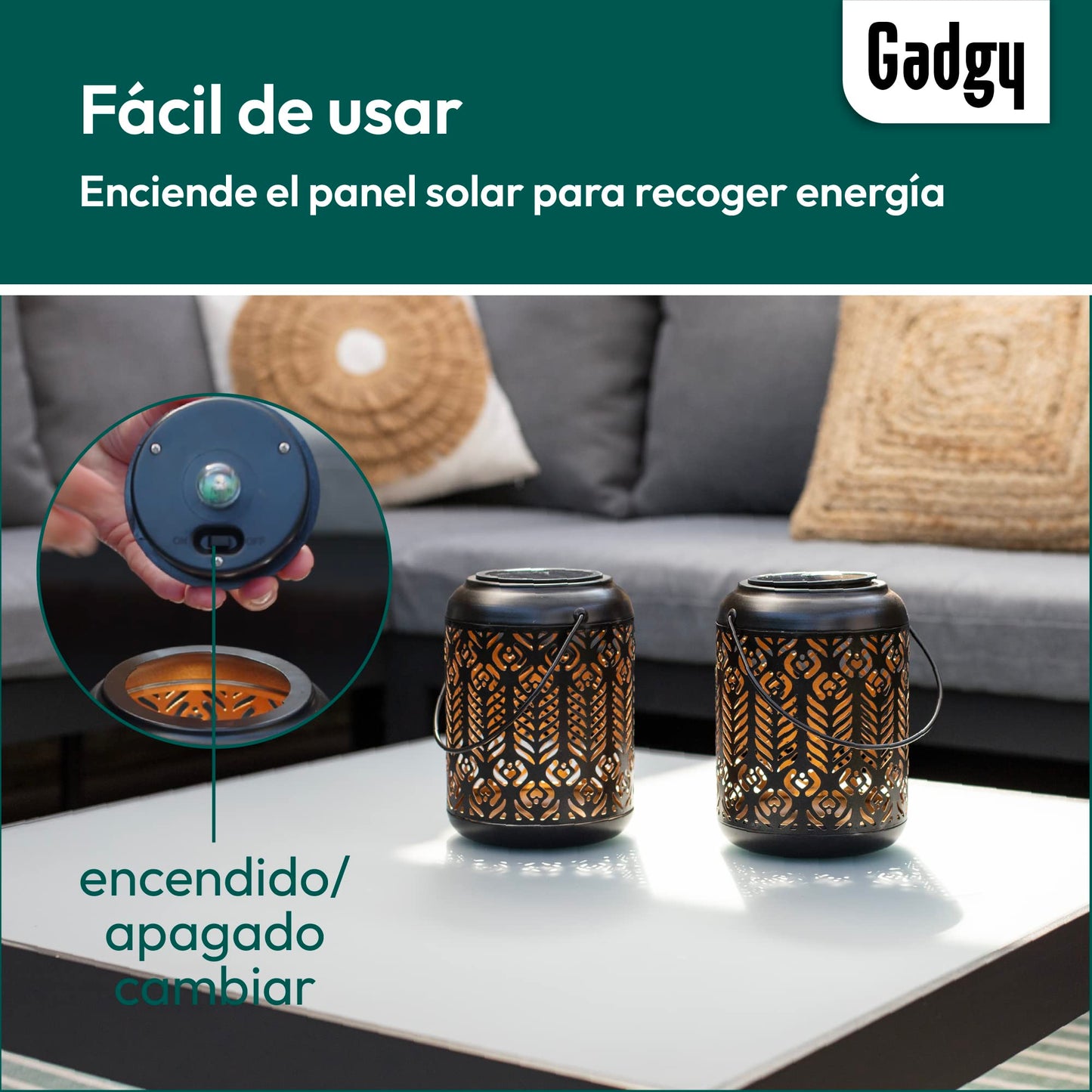 Gadgy Farolillos Solares Exterior | Juego De 2 | Farolas De Jardin y Terraza | Luces LED | Luz Solar de Metal Negro y Dorado | IP65 Impermeable