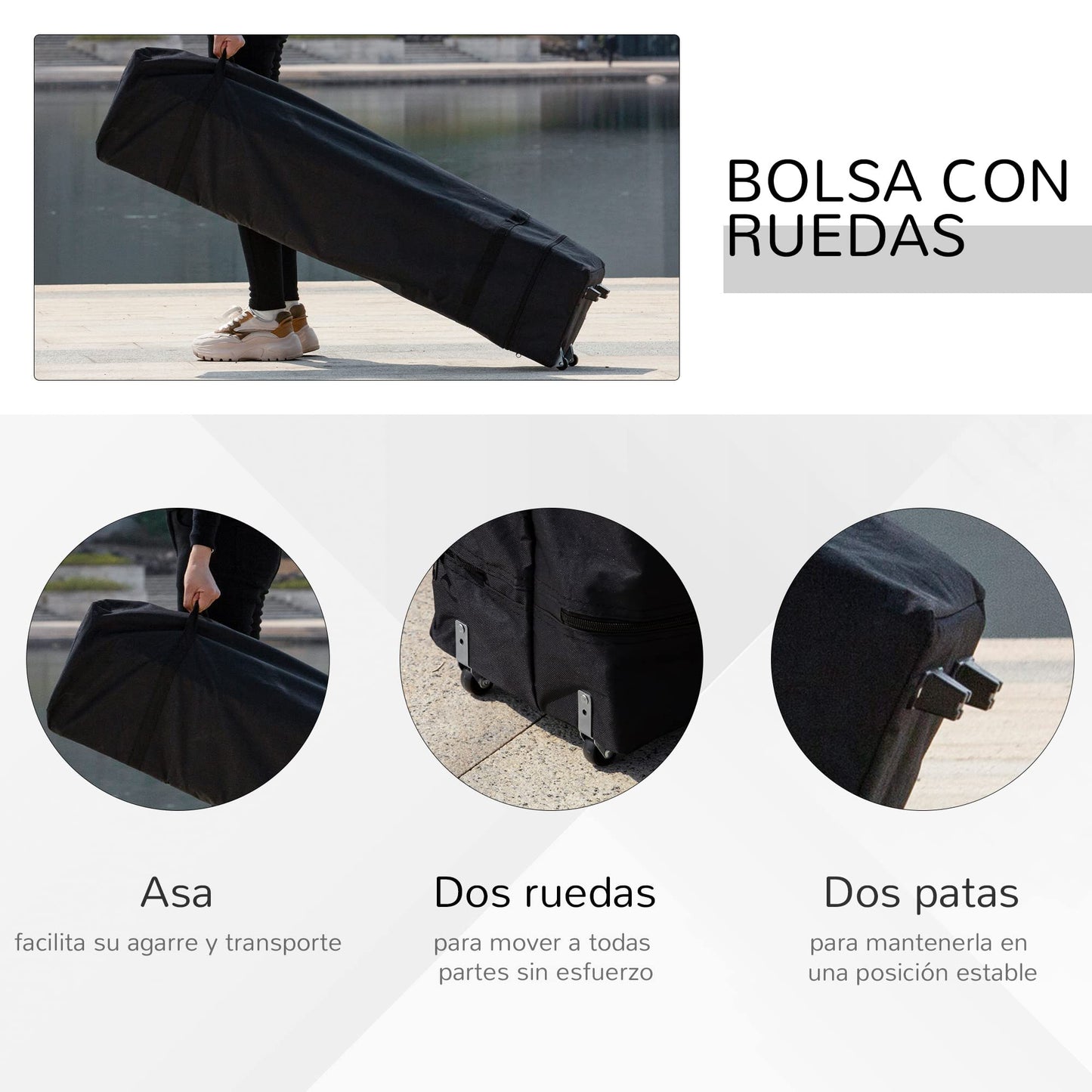 Outsunny Carpa de Fiesta Plegable 3,6x3,6 m Altura Ajustable en 3 Posiciones con Doble Techo y Bolsa de Transporte con Ruedas Marco de Acero Impermeable Gazebo para Jardín Exterior Gris y Blanco