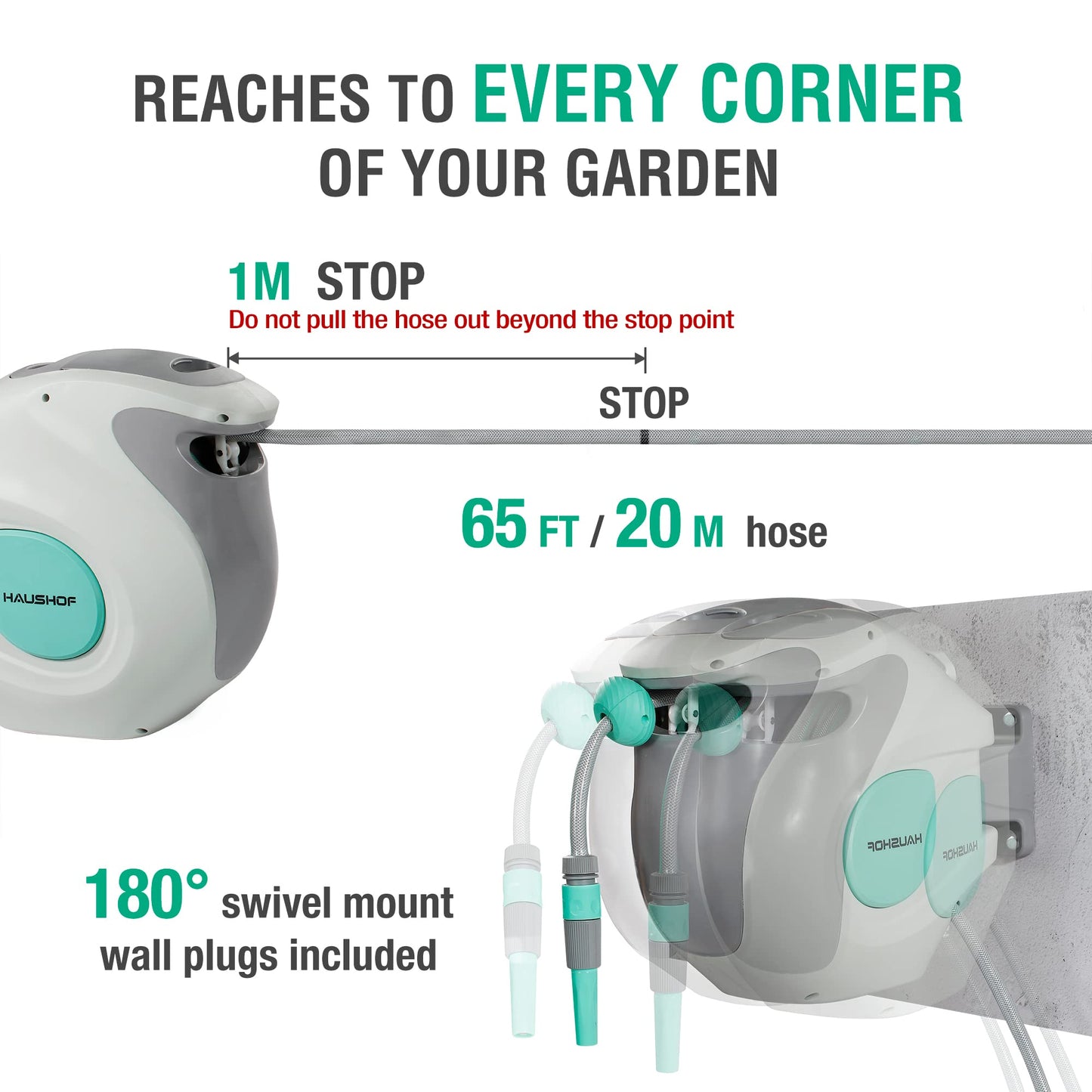 HAUSHOF Carrete para Manguera Profesional 20M+2M, Manguera Jardin Extensible con 9 Modos de Pulverización, con Retracción Automática, Enrollador Automático con Base de Pared 180° Giratorio