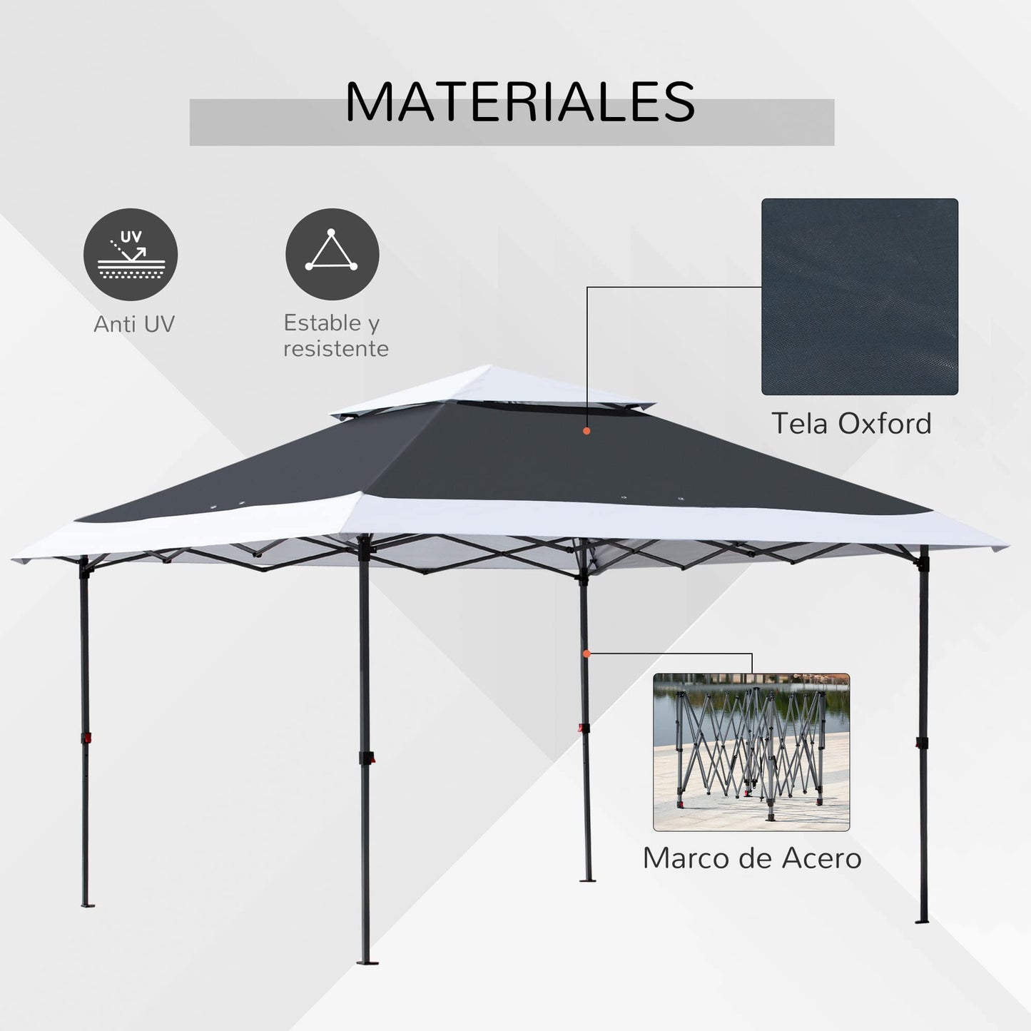 Outsunny Carpa de Fiesta Plegable 3,6x3,6 m Altura Ajustable en 3 Posiciones con Doble Techo y Bolsa de Transporte con Ruedas Marco de Acero Impermeable Gazebo para Jardín Exterior Gris y Blanco