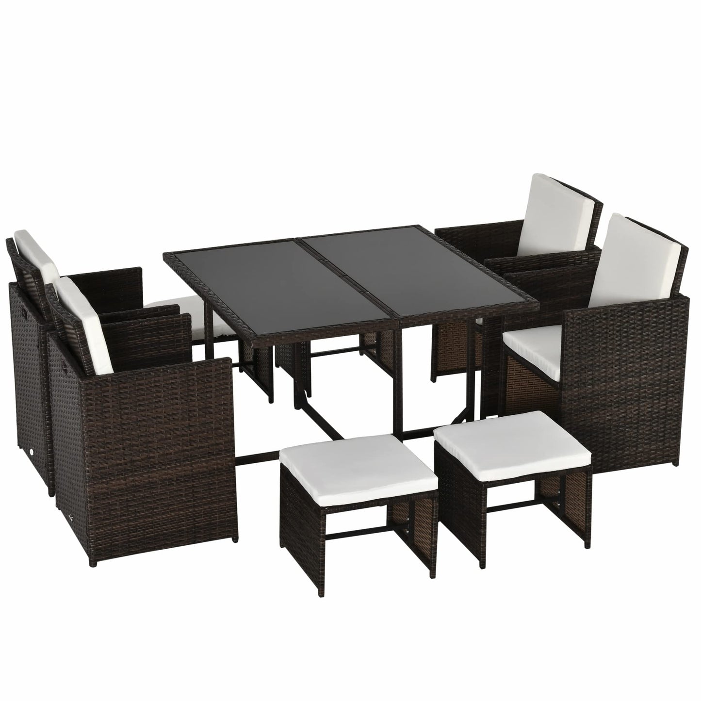 Outsunny Conjunto de Muebles de Jardín Comedor 9 Piezas de Ratán Apilables con Cojines para Terraza 1 Mesa 4 Sillas y 4 Taburetes de Exterior Elegante Marrón