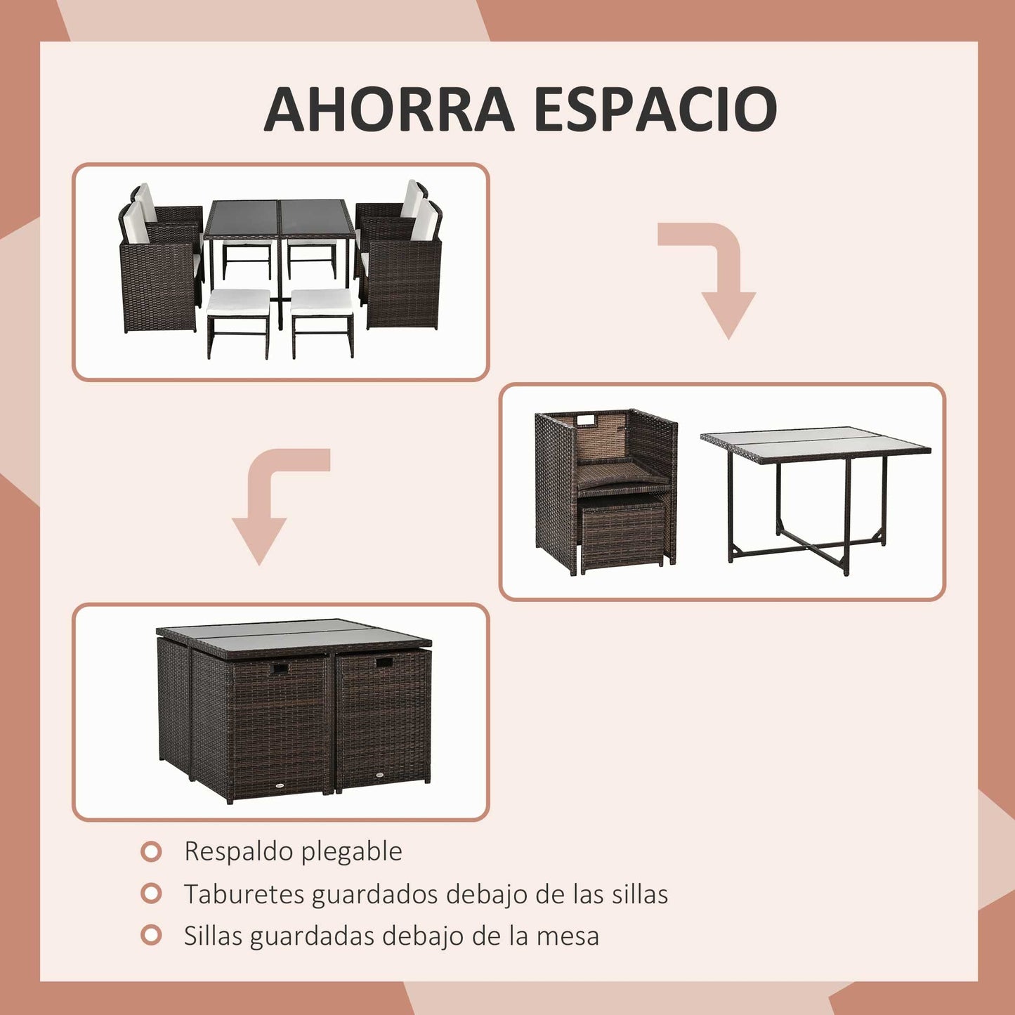 Outsunny Conjunto de Muebles de Jardín Comedor 9 Piezas de Ratán Apilables con Cojines para Terraza 1 Mesa 4 Sillas y 4 Taburetes de Exterior Elegante Marrón