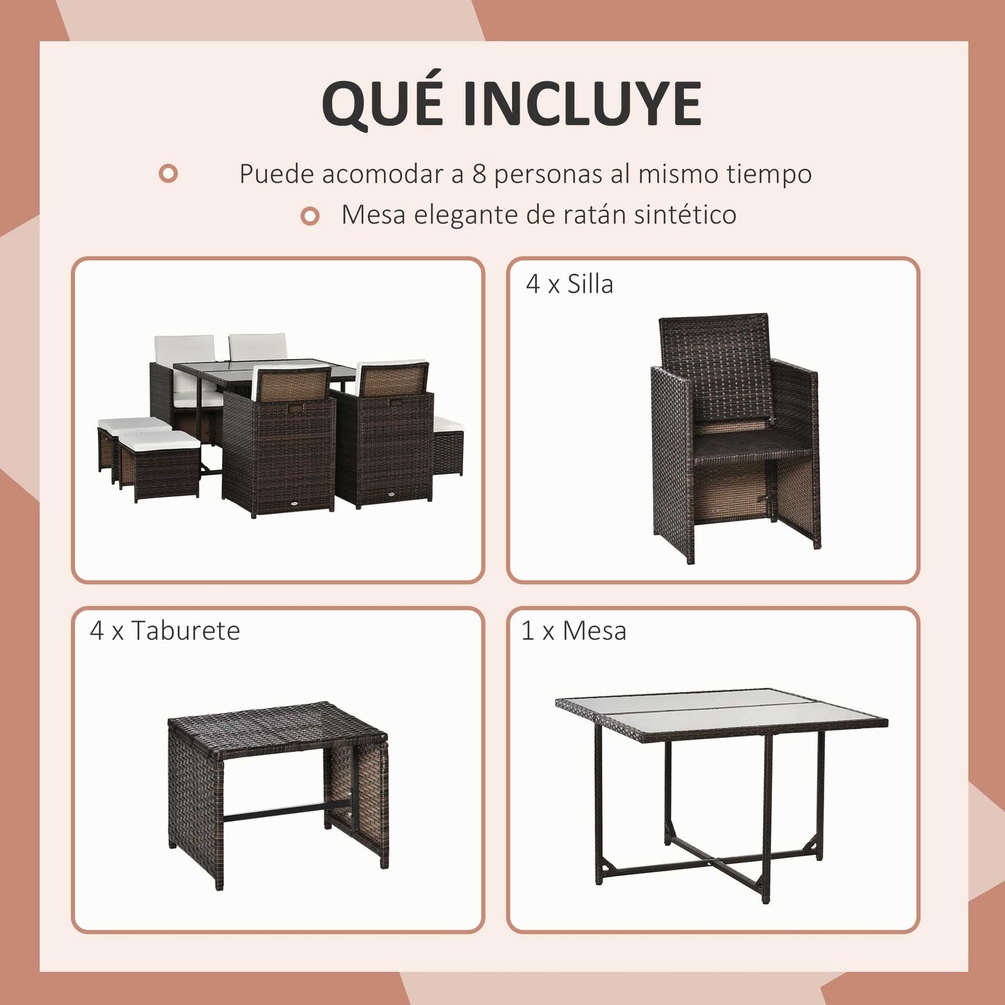 Outsunny Conjunto de Muebles de Jardín Comedor 9 Piezas de Ratán Apilables con Cojines para Terraza 1 Mesa 4 Sillas y 4 Taburetes de Exterior Elegante Marrón