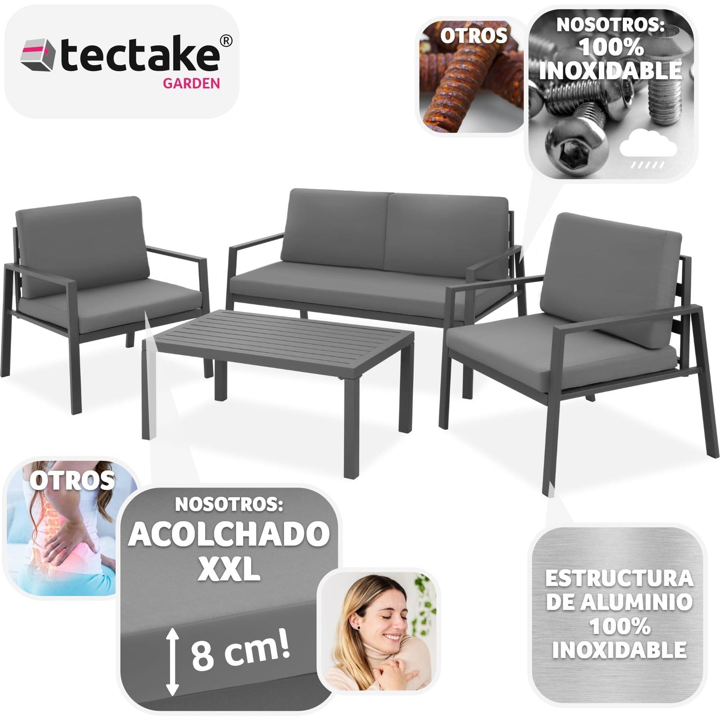 TecTake® Conjunto Muebles Jardín Exterior de Aluminio, 2 Sillones 1 Sofá y 1 Mesa, Mesa y Sillas de Terraza Resistentes a Intemperie, Topes en Patas, Cojines Extragruesos, Fundas Extraíbles - Gris