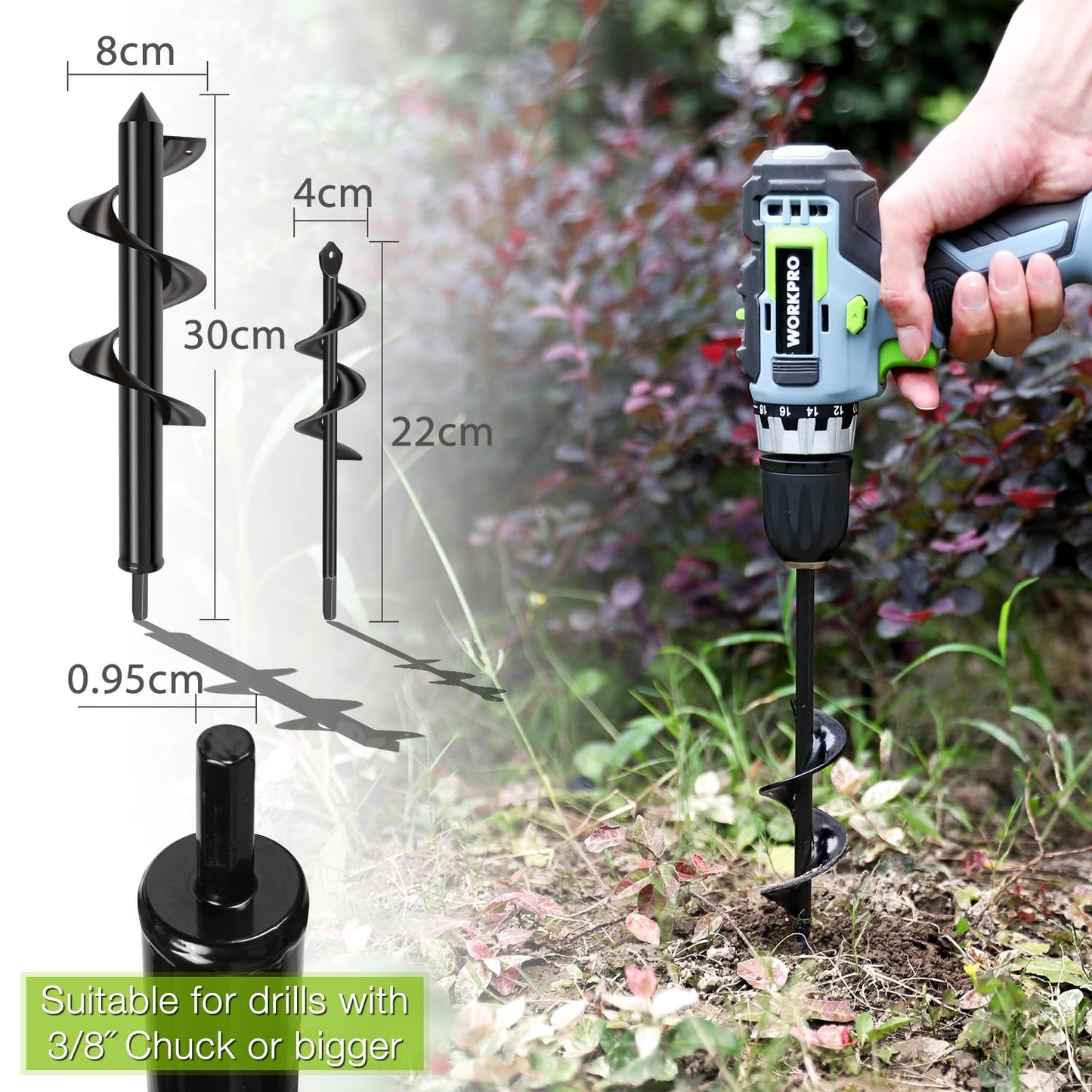 WORKPRO Broca Espiral de Jardín 2-piezas, Excavadora de Taladro, Broca de Barrena, Excavadora de Suelo(8 x 30 cm & 4 x 22 cm)